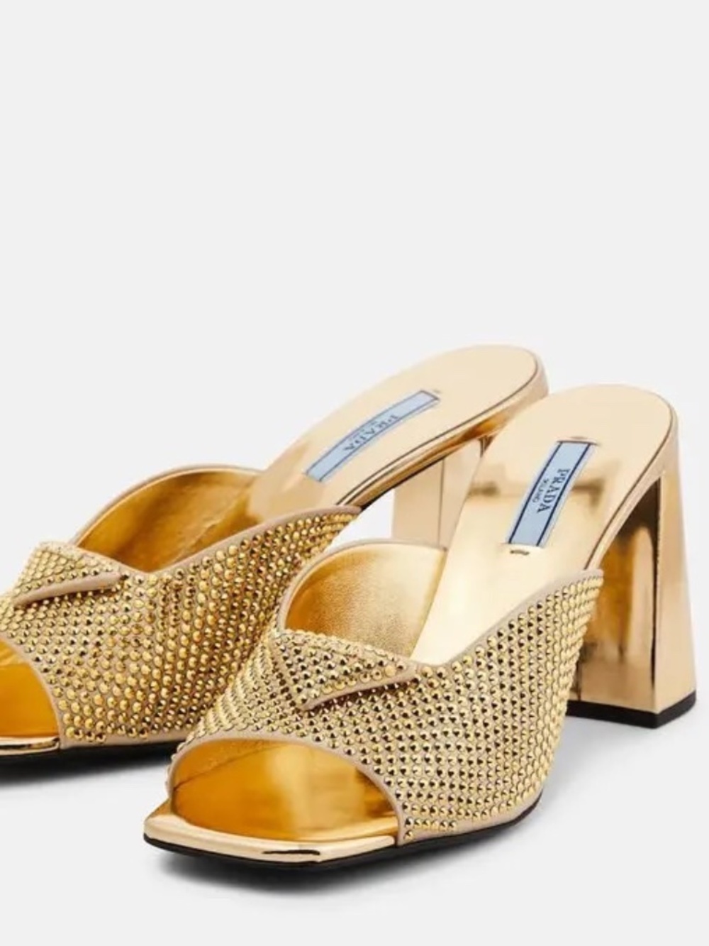 Prada Triangle Logo Gold Embellished Heels Shoes size 37.5